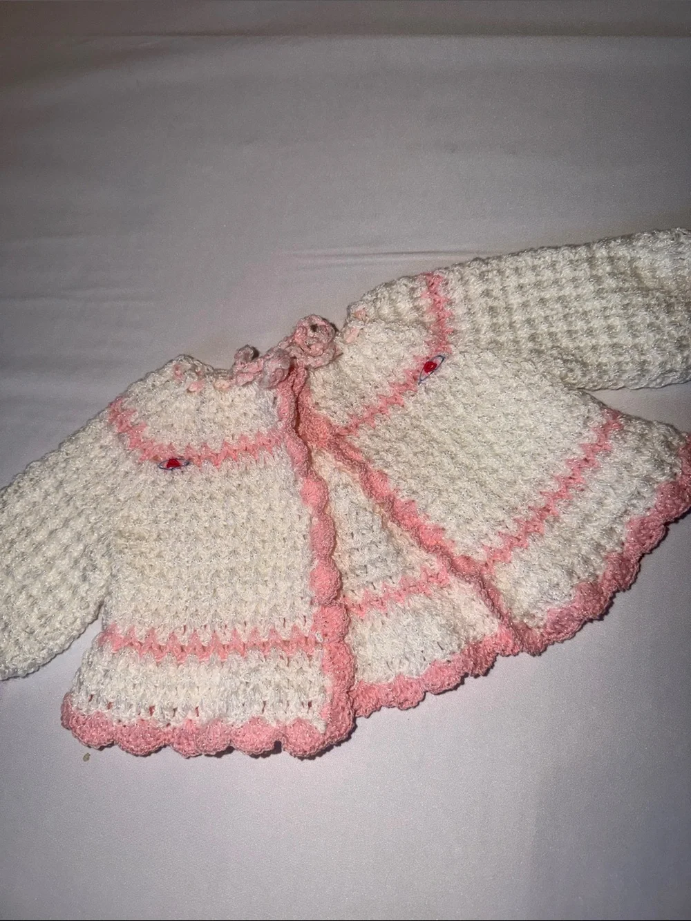 Hand Crocheted Baby Infant Girl Sweater & Shoes & Bonnet Newborn Gift